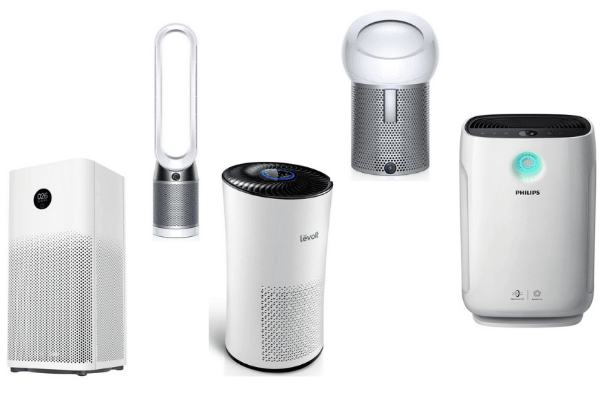 Mehrere Luftreiniger sind vor einem weißen Hintergrund zu sehen.